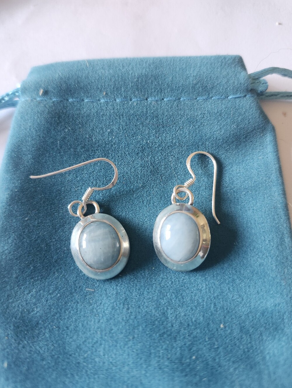 925 Silver Aquamarine Oval Blue Stone Dangle Earrings Gorgeous